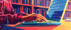 Hands typing on a laptop doing research