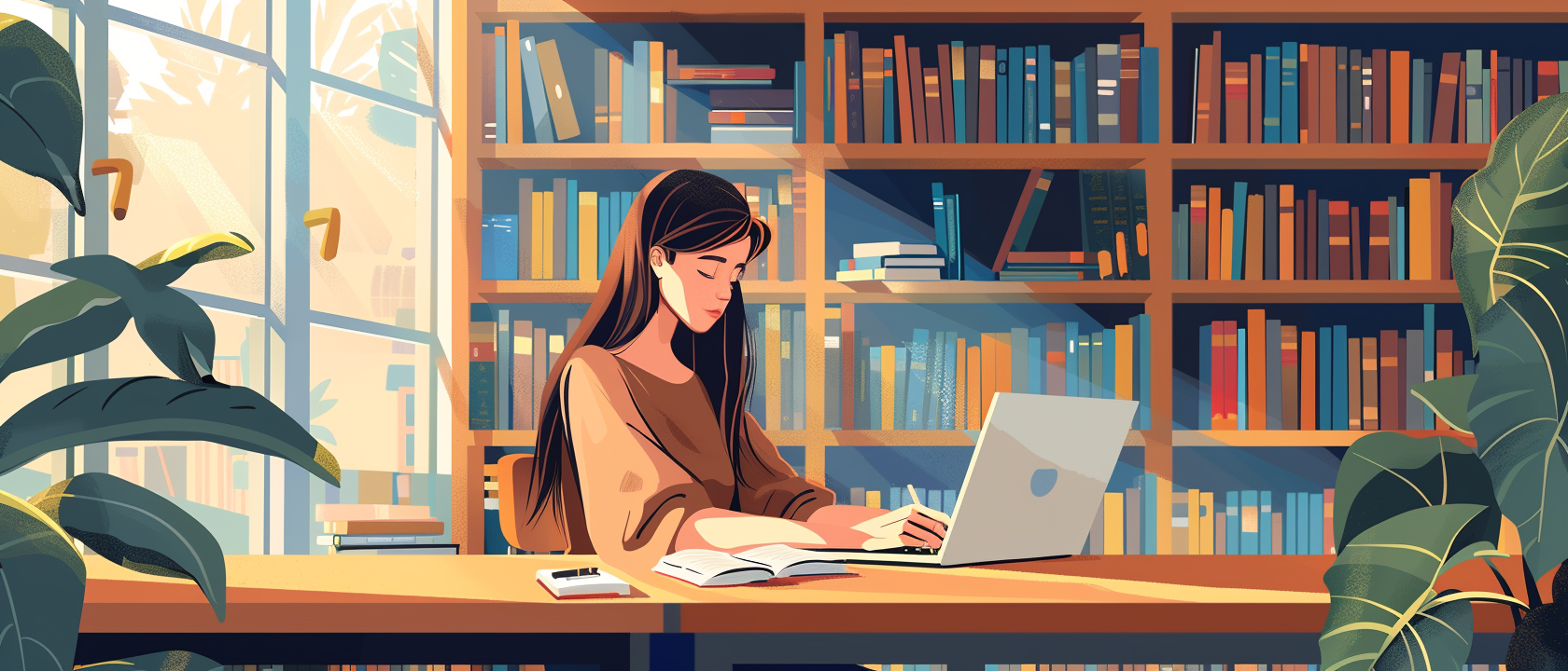 phd student writing a literature review in a library