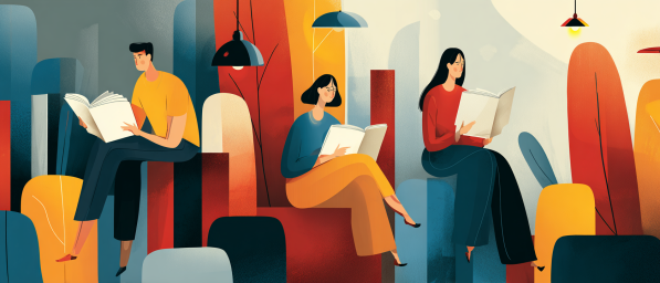 phd students reading papers in a library